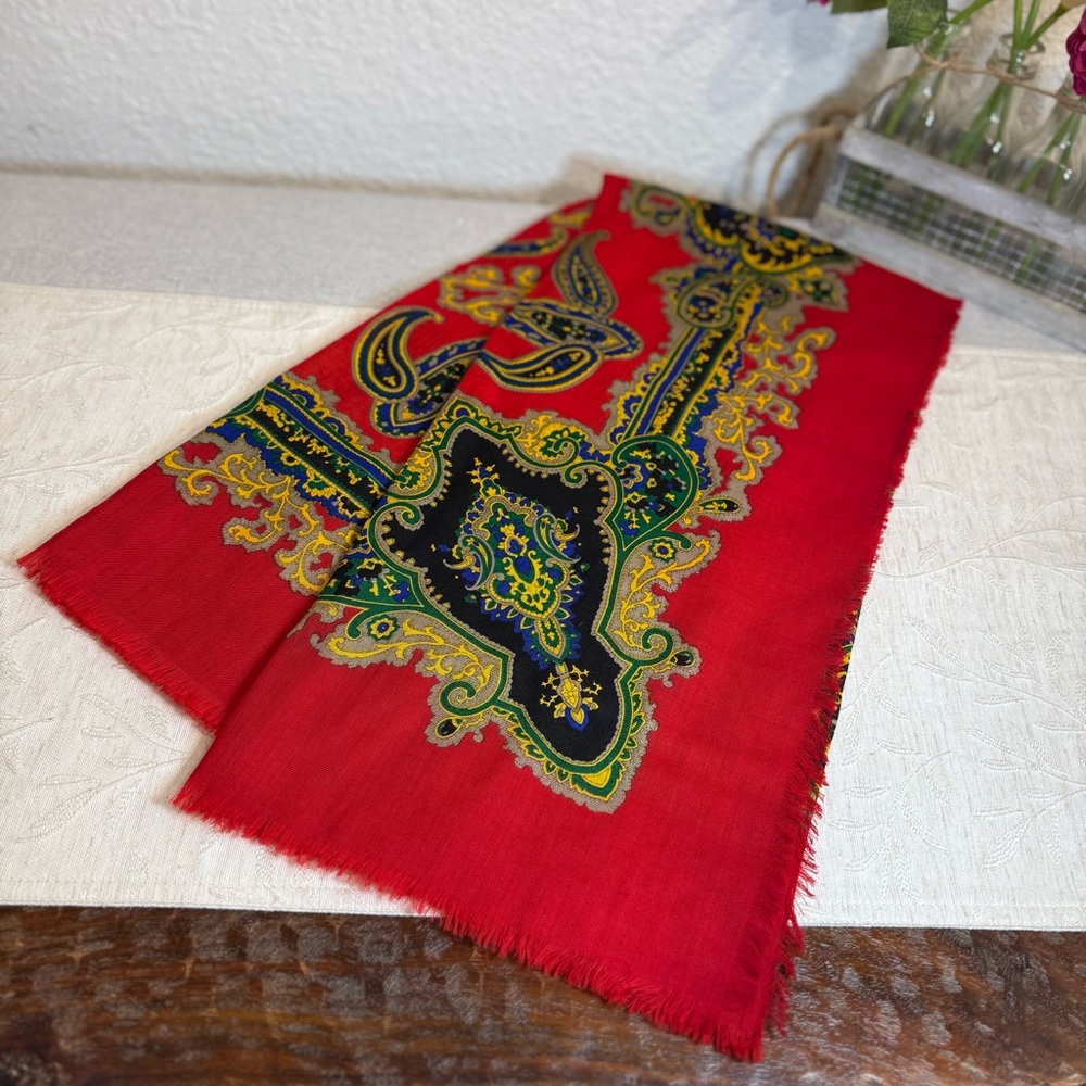 Turkey Red lightly frayed large‎ wool or linen scarf or wrap. 41” x 41”. Paisley